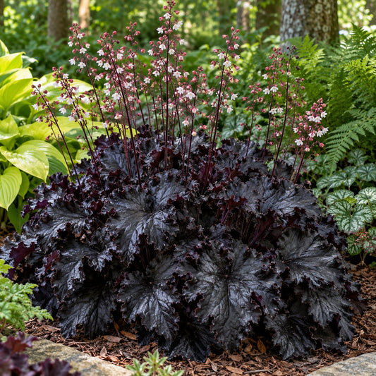 Evening Gown Coral Bells: Glossy Black Ruffles for Part Shade
