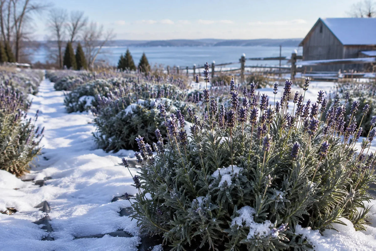 Lavender plants flourishing in a snowy winter garden