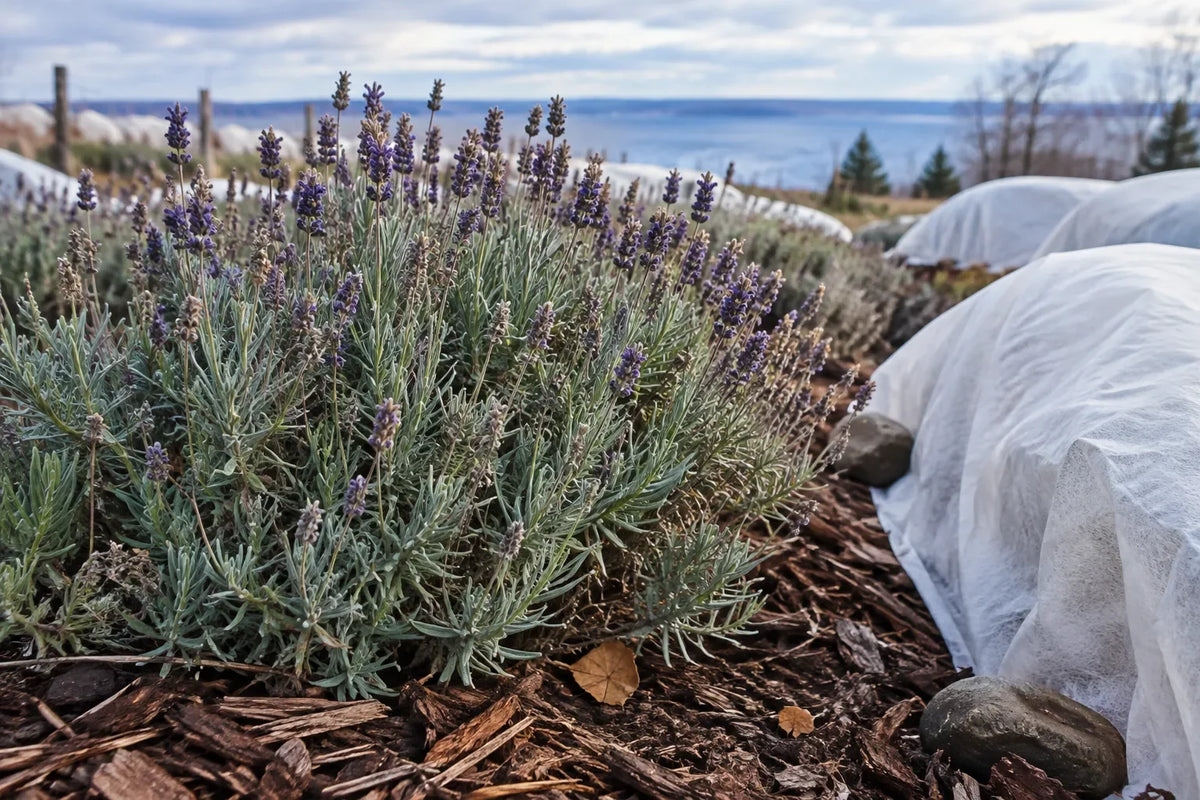 Healthy lavender plant showing good pruning and mulch for winter.