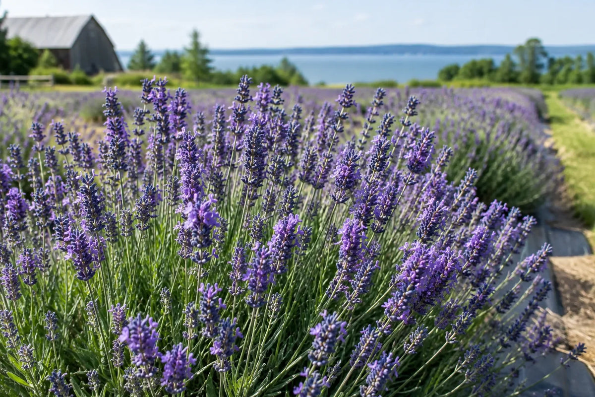 Blooming Grosso lavender plants with vibrant purple flower spikes