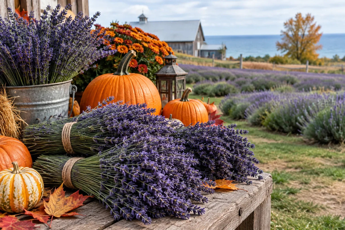 Fresh lavender bundles arranged with pumpkins and autumn leaves at Great Lakes Lavender Farm