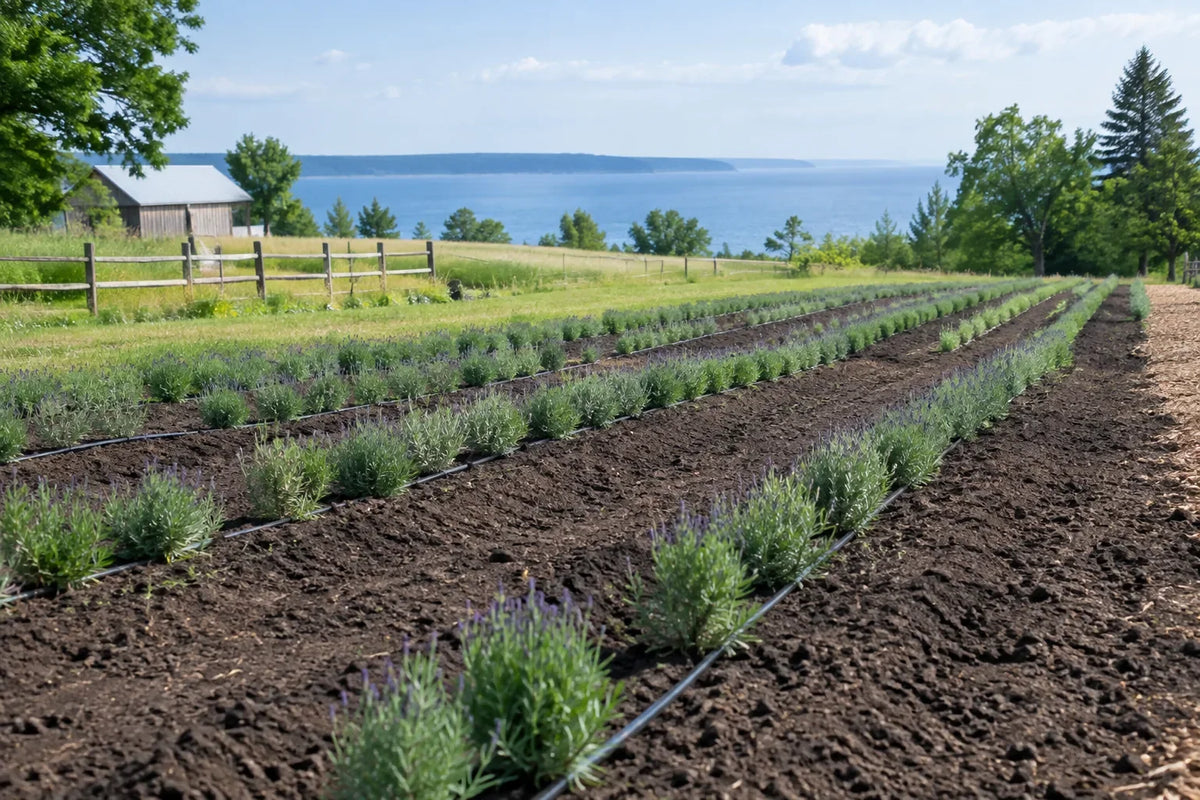 Wide view of newly planted lavender rows at Great Lakes Lavender Farm