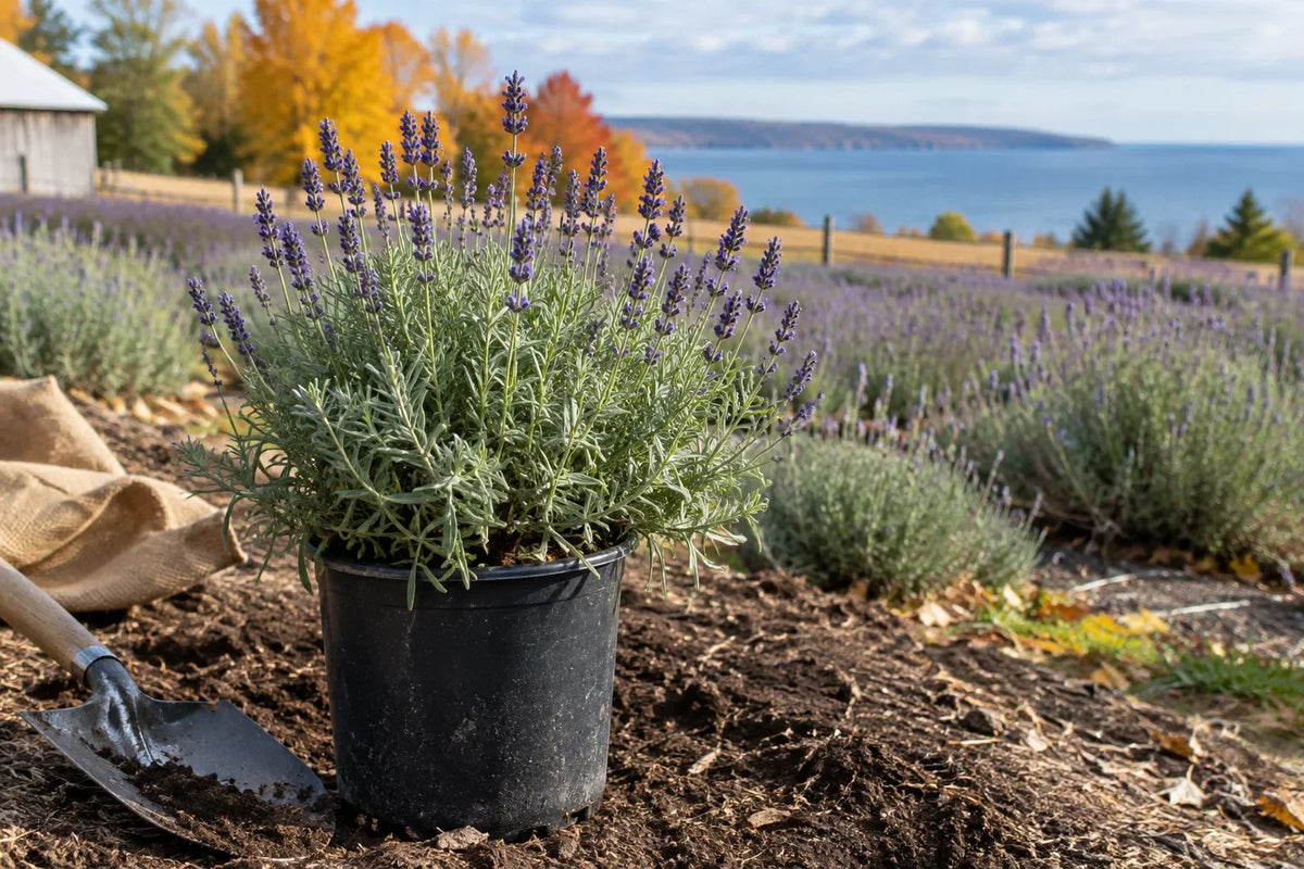 Lavender plant in a gallon pot against fall garden background
