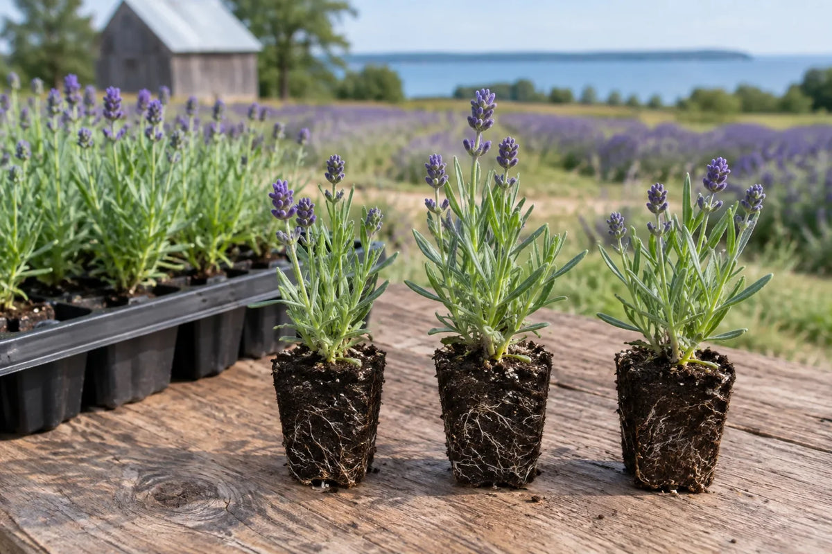 Lavender plants in 3-inch plugs ready for transplanting.
