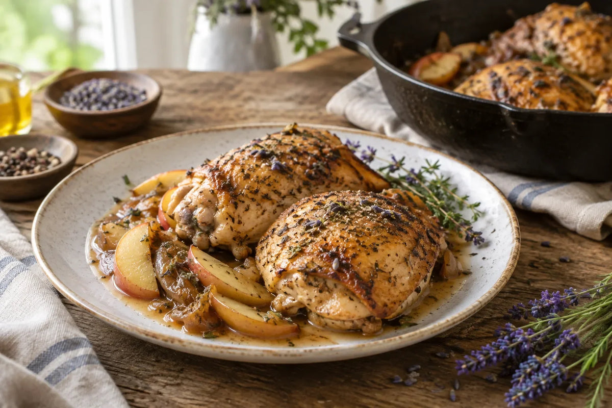 Apple Cider Lavender Skillet Chicken Thighs: the finished dish (AI-generated food photo)