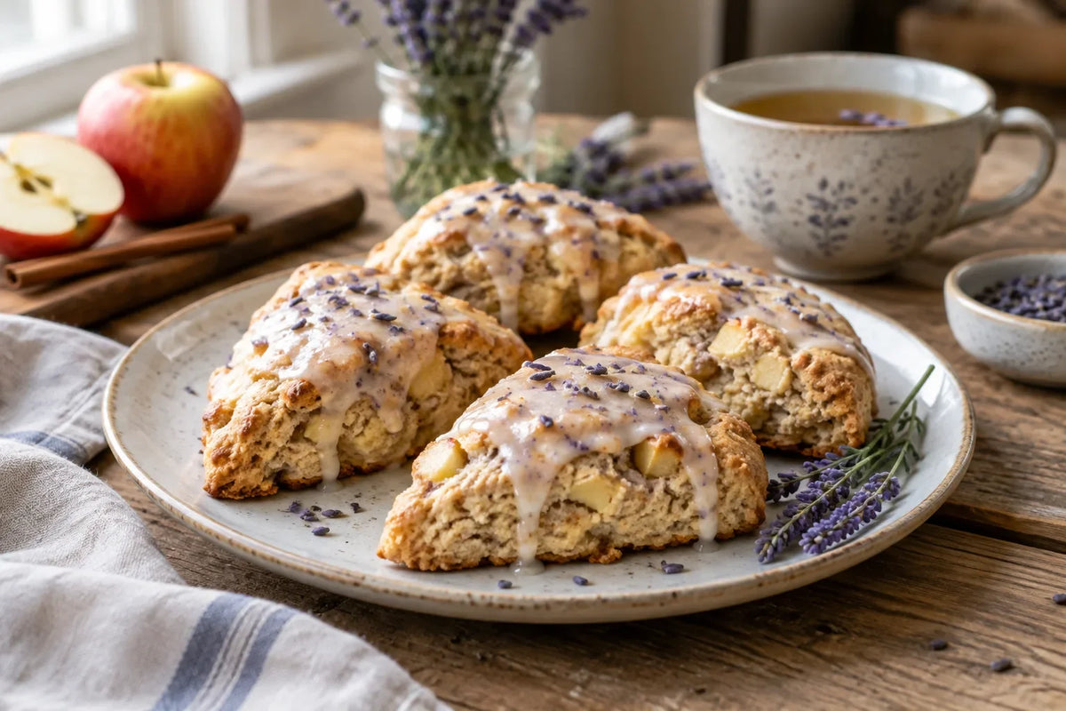 Apple Cinnamon Lavender Scones with Lavender Tea Glaze: the finished dish (AI-generated food photo)