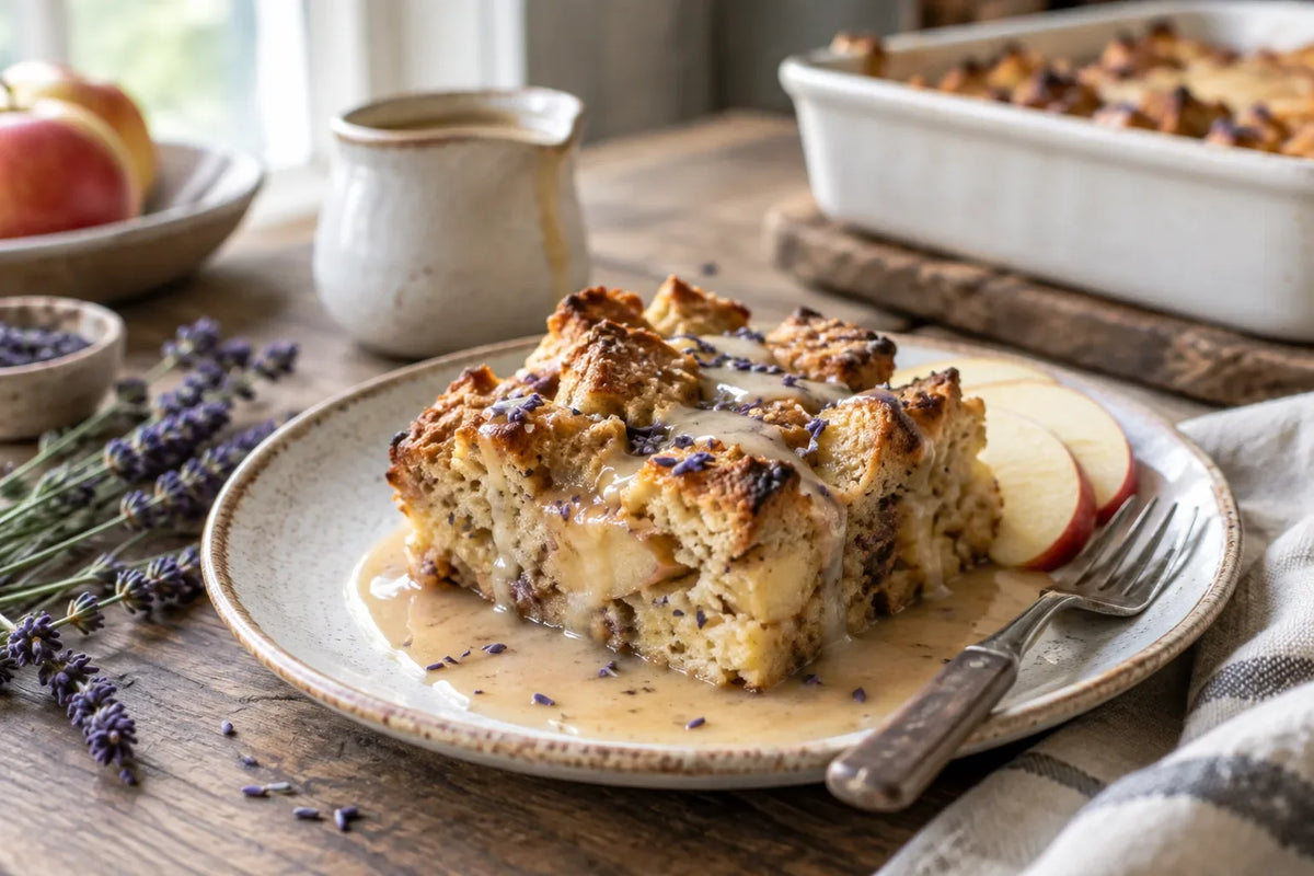 Apple Scone Bread Pudding with Maple Lavender Sauce: the finished dish (AI-generated food photo)