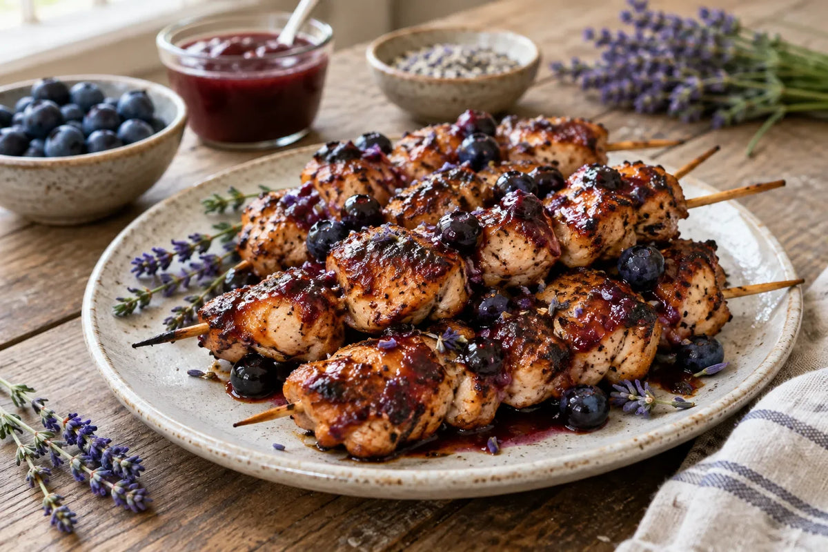 Blueberry Lavender BBQ Chicken Skewers: the finished dish (AI-generated food photo)