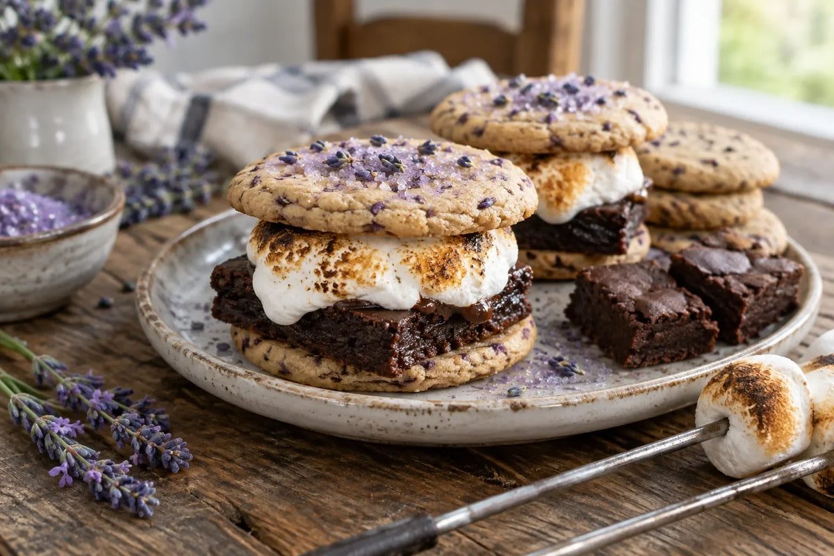Campfire Lavender Cookie and Brownie S'mores: the finished dish (AI-generated food photo)
