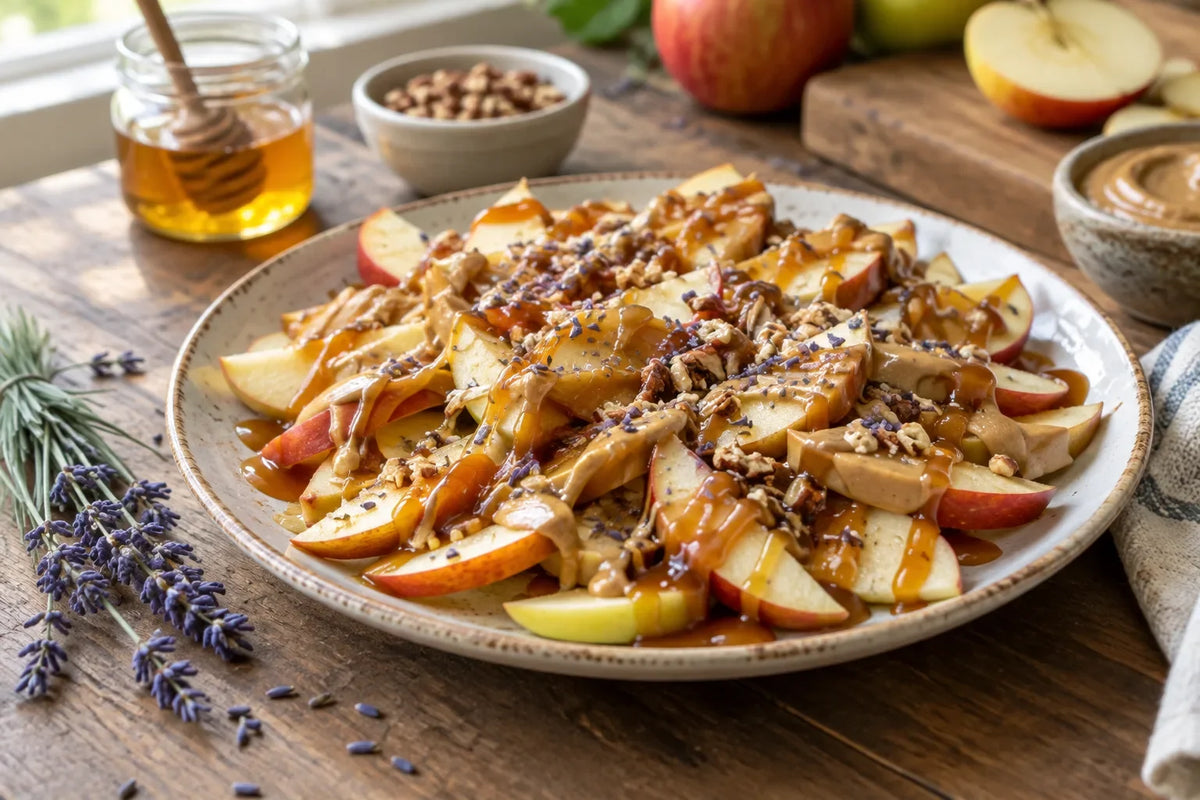 Caramel Apple Nachos with Honey Lavender Drizzle: the finished dish (AI-generated food photo)