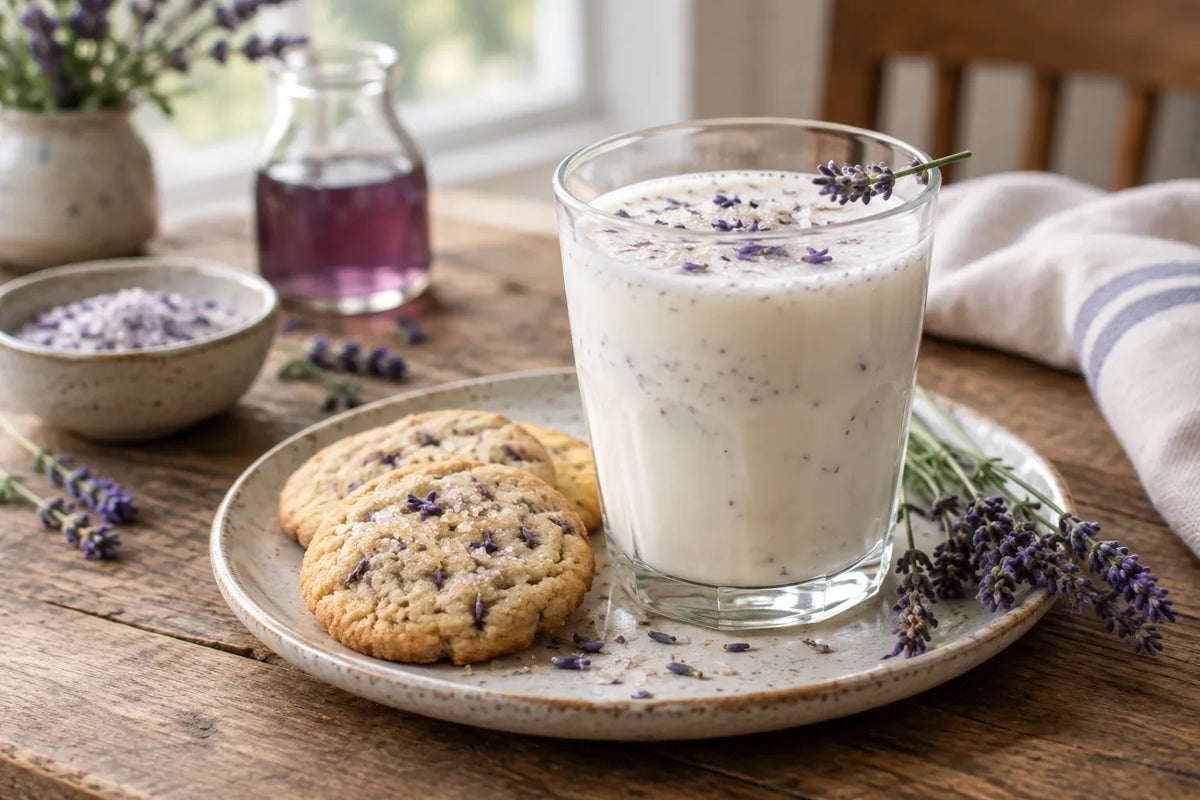 Cookies and Lavender Vanilla Milk for Santa: the finished dish (AI-generated food photo)