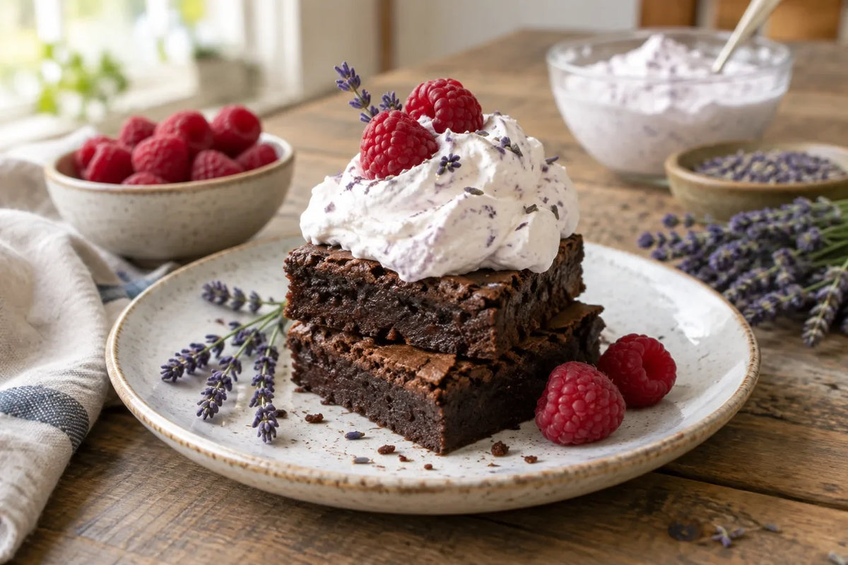 Fudge Brownies with Lavender Whipped Cream: the finished dish (AI-generated food photo)
