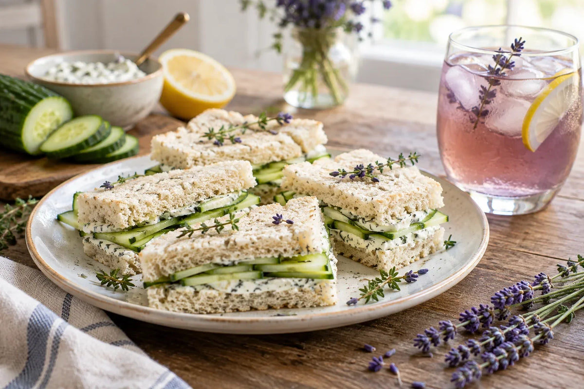 Garden Party Cucumber Tea Sandwiches with Iced Lavender Tea: the finished dish (AI-generated food photo)