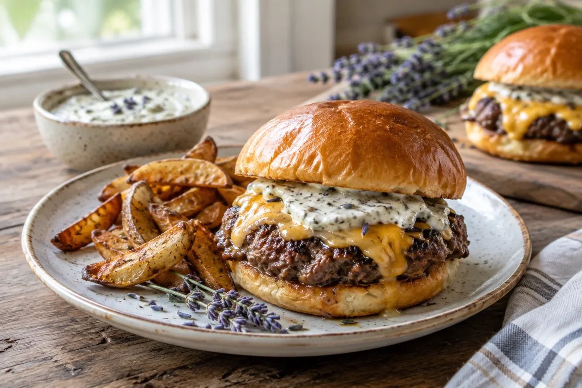 Garlic Pepper Lavender Smash Burgers with Herbes de Provence Sauce: the finished dish (AI-generated food photo)