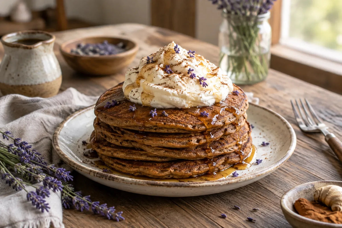 Gingerbread Lavender Pancakes with Maple Whipped Cream: the finished dish (AI-generated food photo)