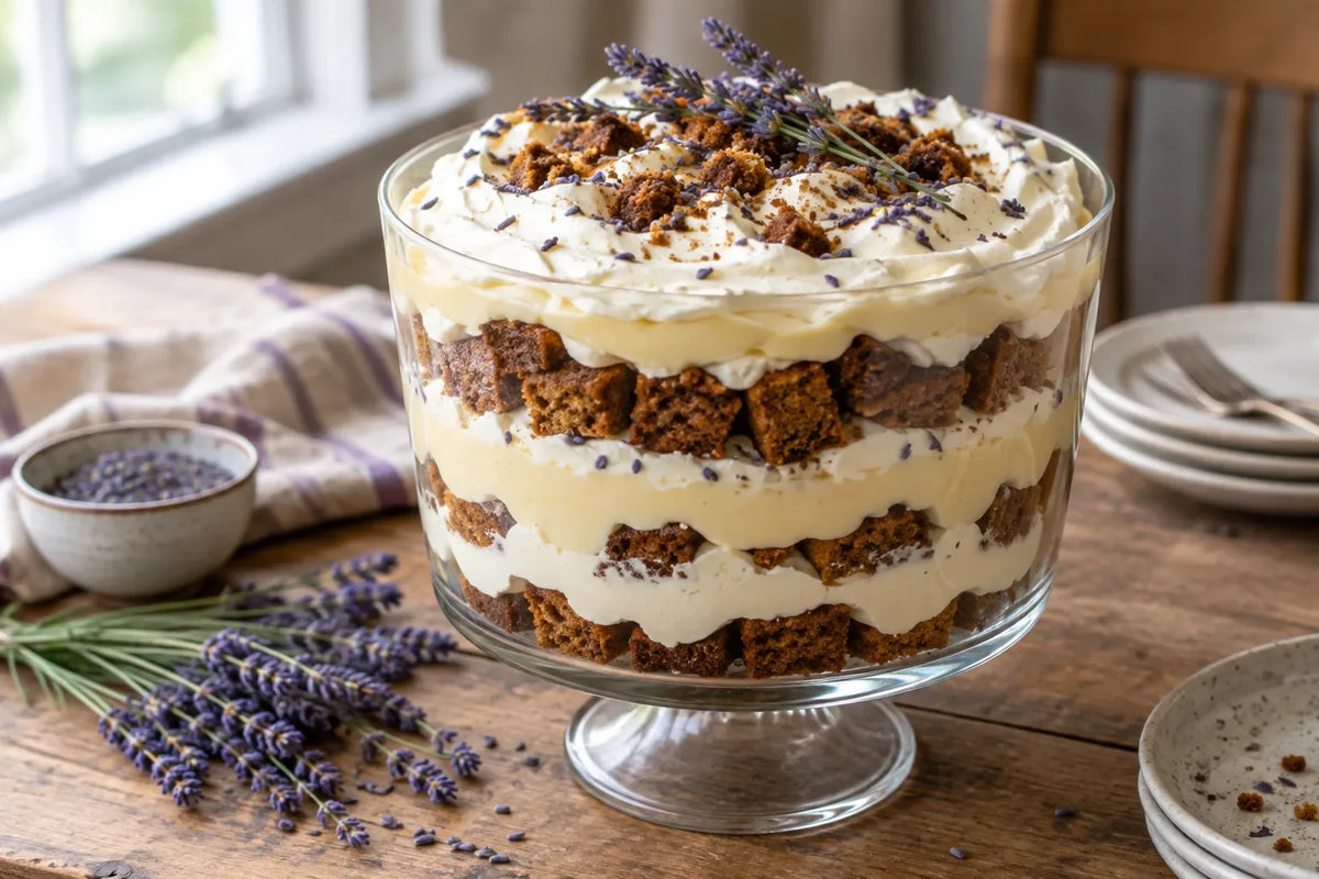 Gingerbread Lavender Trifle with Vanilla Cream: the finished dish (AI-generated food photo)