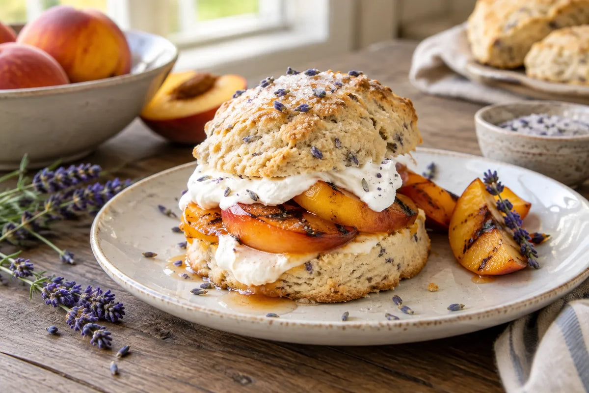 Grilled Peach Shortcakes with Lavender Scones: the finished dish (AI-generated food photo)