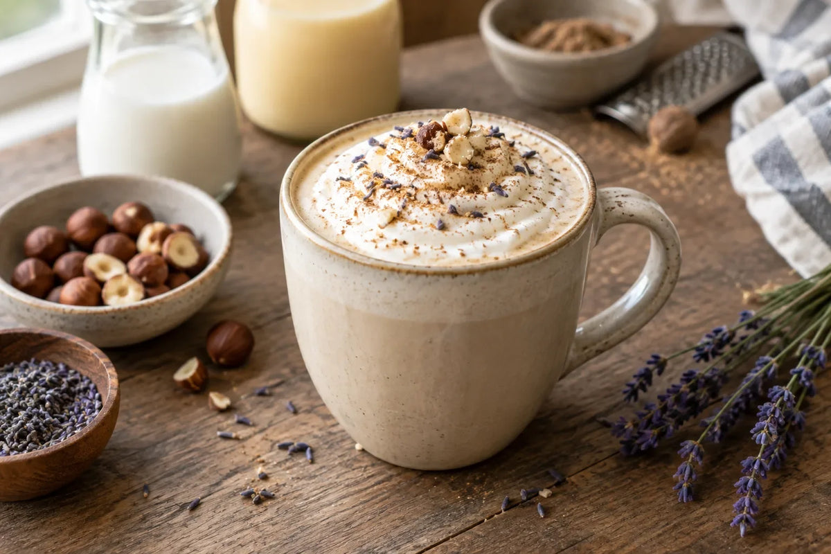 Hazelnut Lavender Eggnog Latte: the finished dish (AI-generated food photo)