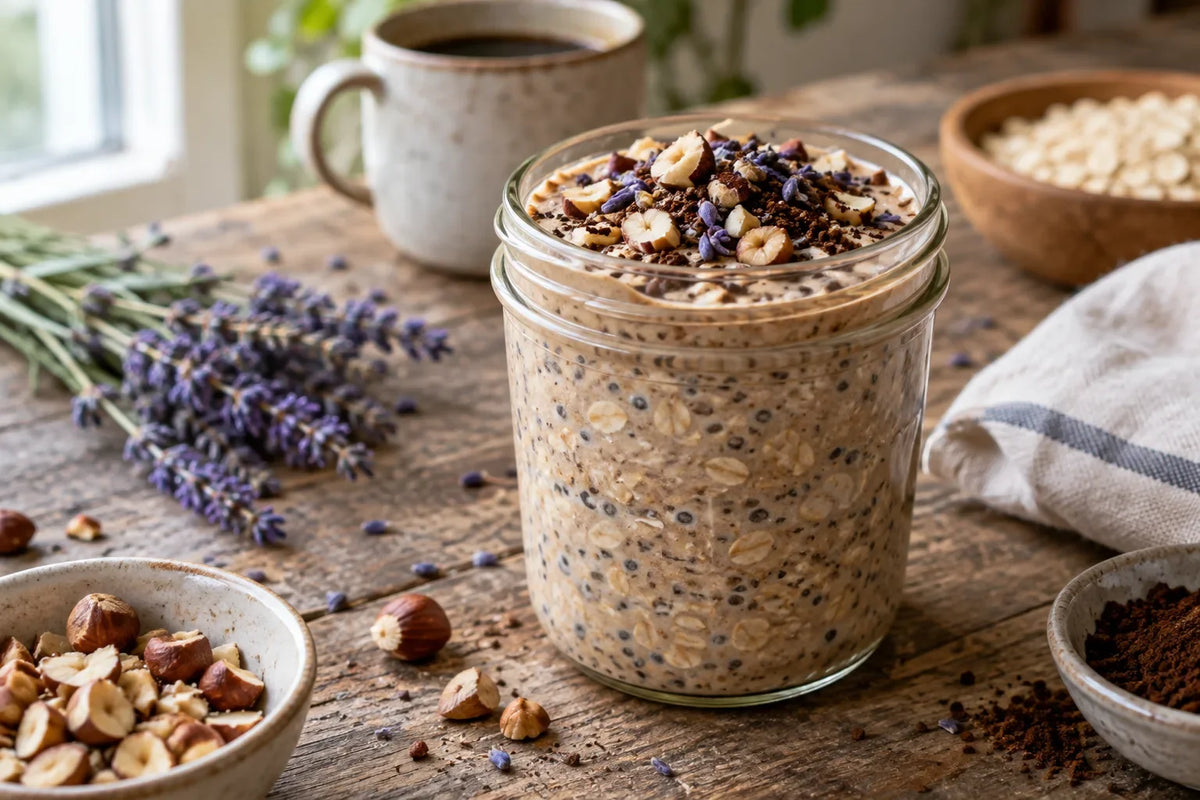 Hazelnut Lavender Mocha Overnight Oats: the finished dish (AI-generated food photo)