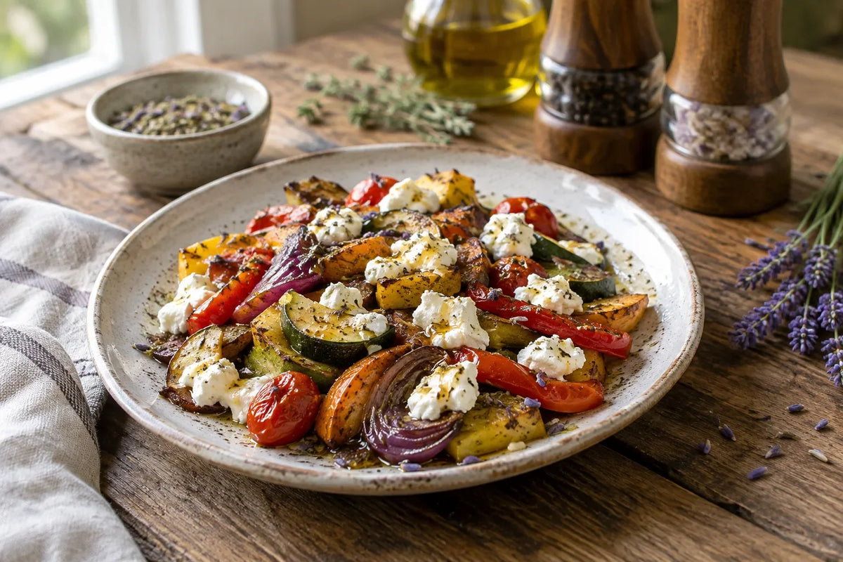 Herbes de Provence Roasted Vegetables with Honey Goat Cheese: the finished dish (AI-generated food photo)