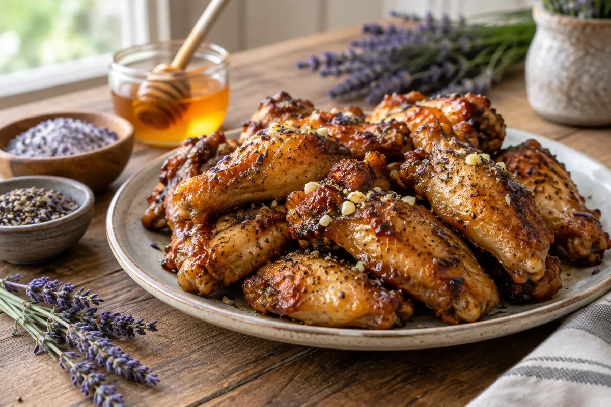 Honey Garlic Pepper Lavender Tailgate Wings: the finished dish (AI-generated food photo)