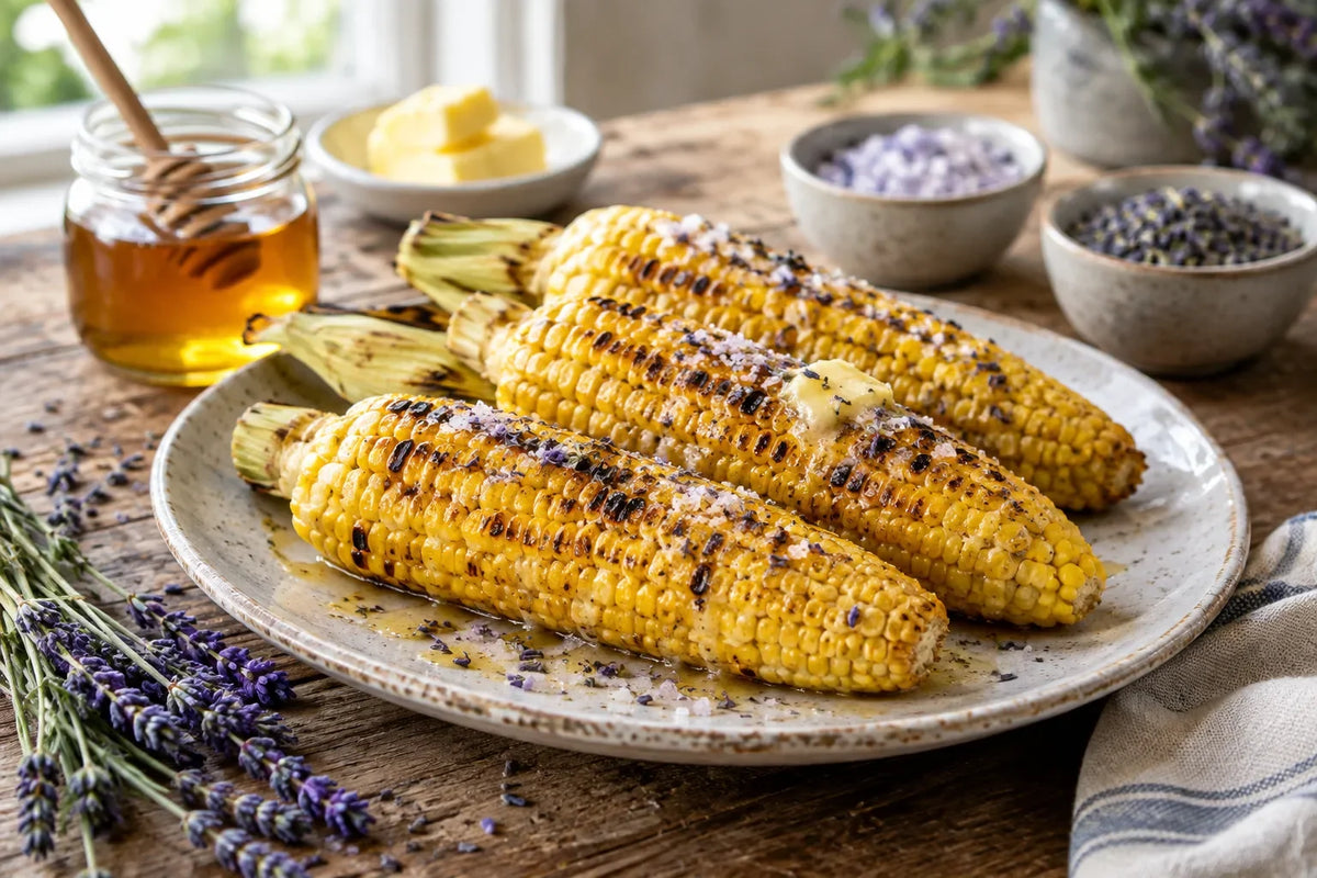Grilled Sweet Corn with Honey Butter and Lavender Salt: the finished dish (AI-generated food photo)