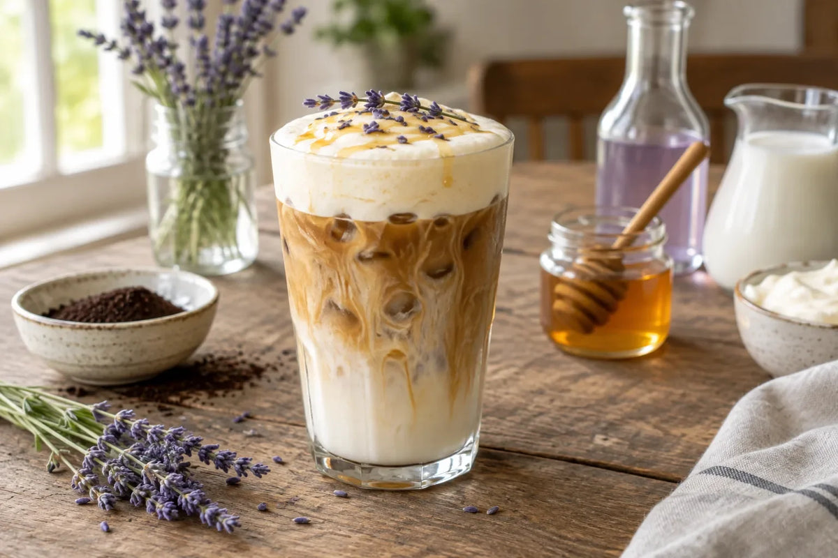 Honey Lavender Iced Latte with Honey Cold Foam: the finished dish (AI-generated food photo)