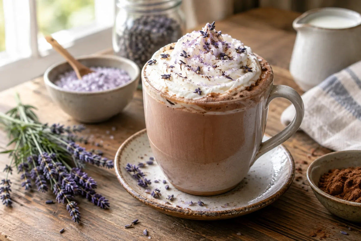 Lavender Mocha with Lavender Sugar Whipped Cream: the finished dish (AI-generated food photo)