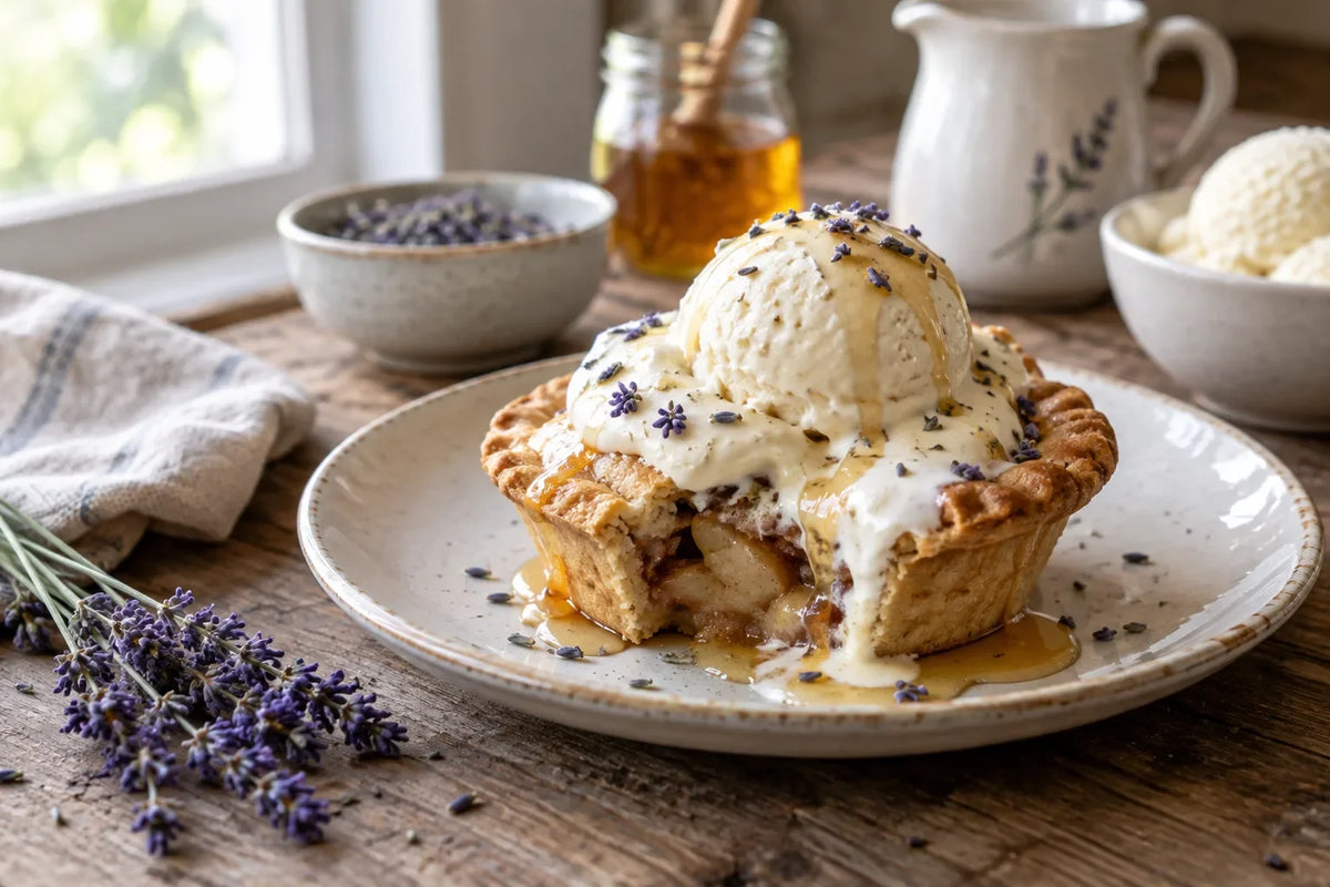 Farm Pie à la Mode with Honey Lavender Cream: the finished dish (AI-generated food photo)