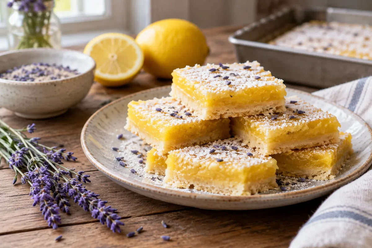 Lavender Shortbread Lemon Bars: the finished dish (AI-generated food photo)