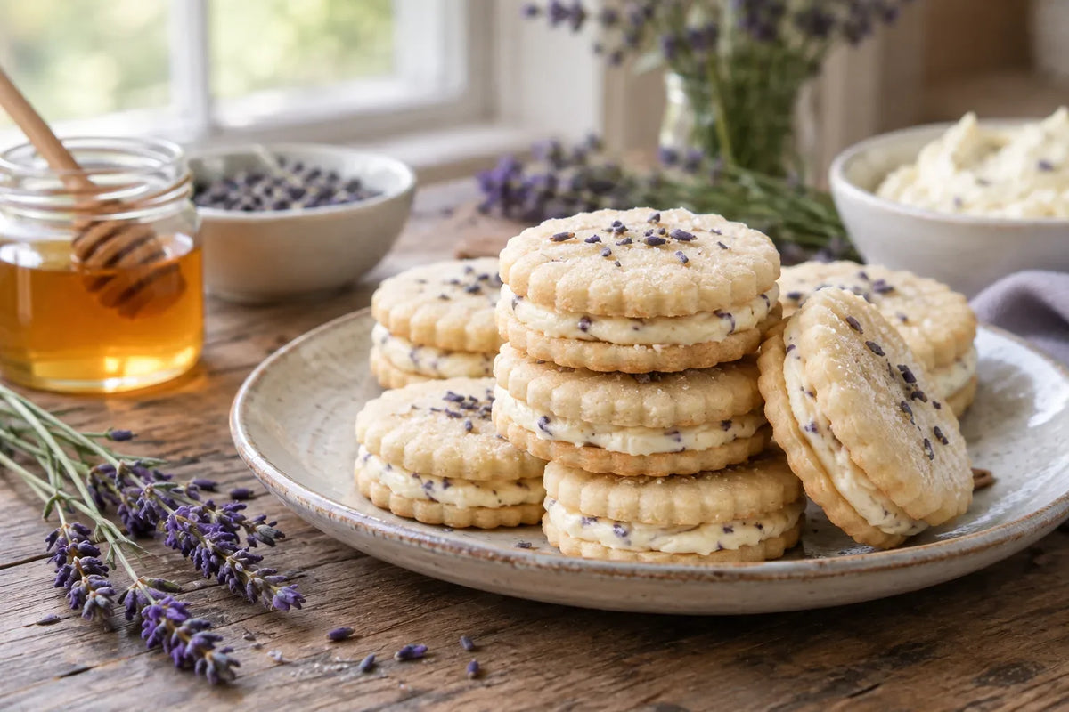 Lavender Shortbread Sandwich Cookies with Honey Buttercream: the finished dish (AI-generated food photo)