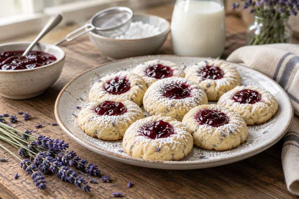 Lavender Shortbread Thumbprints with Cherry Jam: the finished dish (AI-generated food photo)