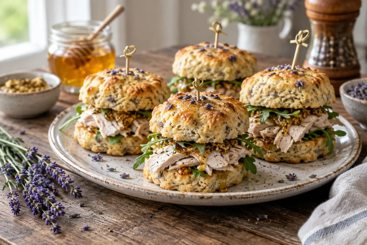 Leftover Turkey Scone Sliders with Honey Lavender Mustard: the finished dish (AI-generated food photo)