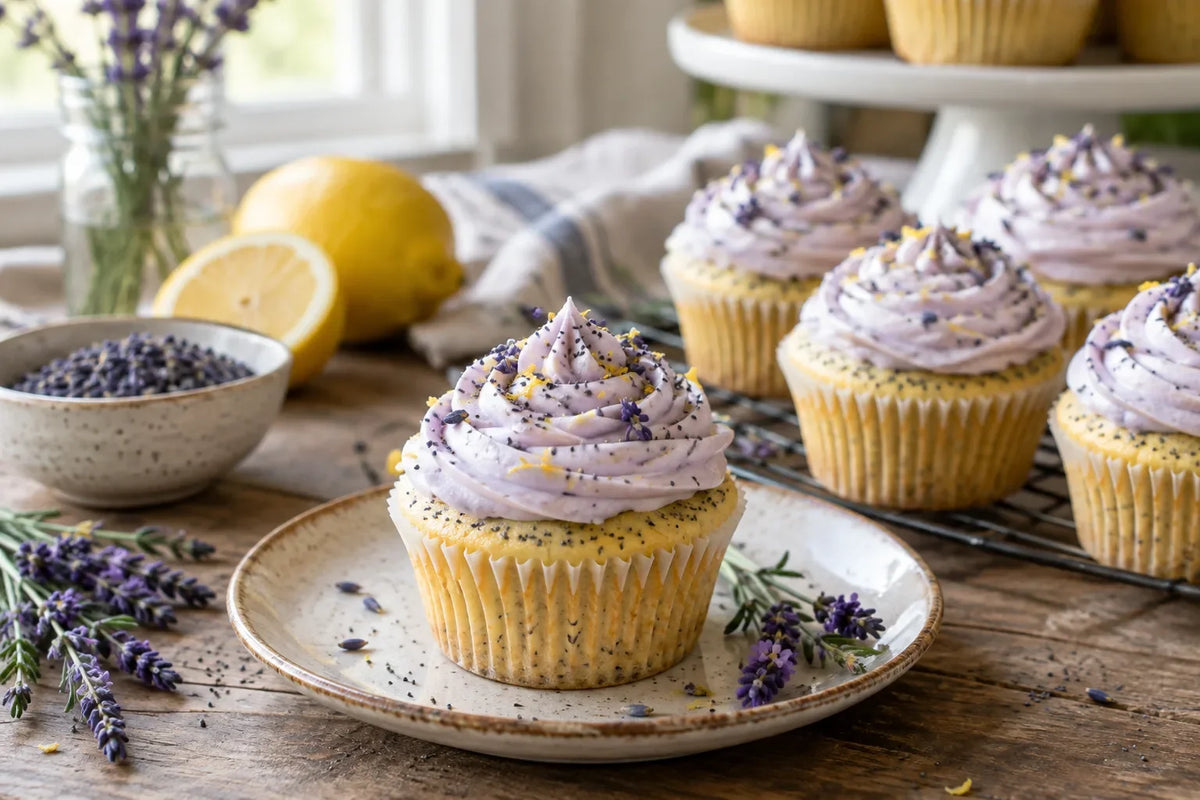 Lemon Poppy Seed Cupcakes with Lavender Cream Cheese Frosting: the finished dish (AI-generated food photo)