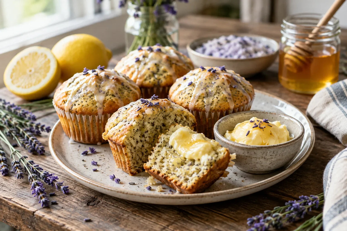 Lemon Poppy Seed Lavender Muffins with Honey Butter: the finished dish (AI-generated food photo)