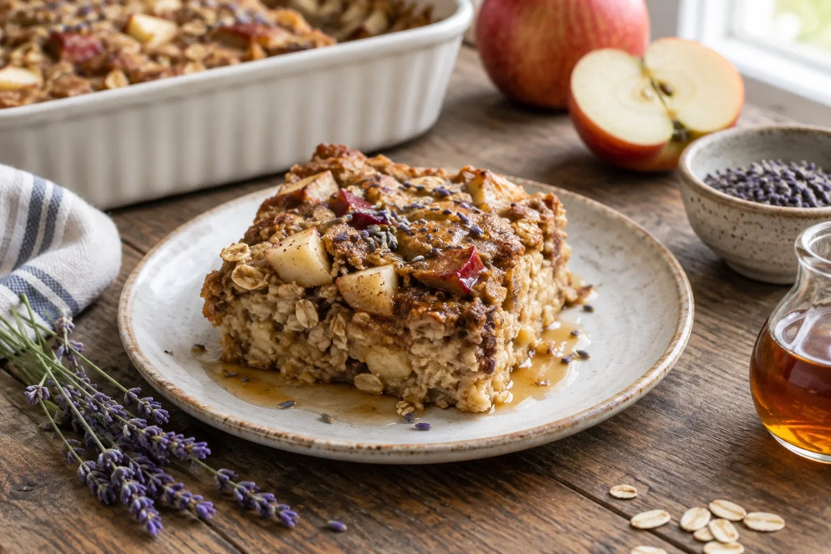 Maple Lavender Baked Oatmeal with Apples: the finished dish (AI-generated food photo)