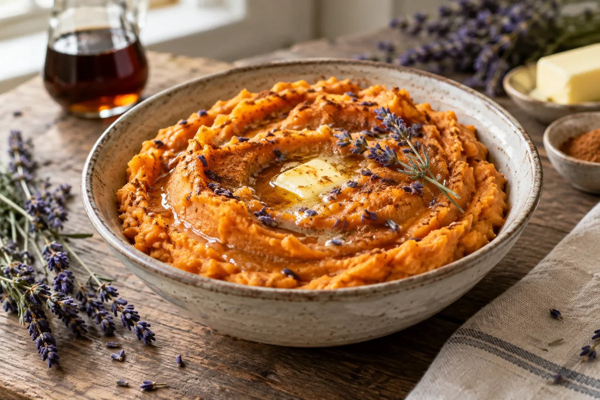 Maple Lavender Mashed Sweet Potatoes with Brown Butter: the finished dish (AI-generated food photo)