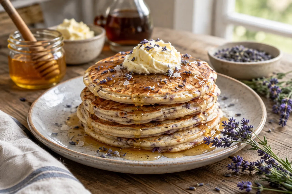 Maple Lavender Pancake Stack with Whipped Honey Butter: the finished dish (AI-generated food photo)