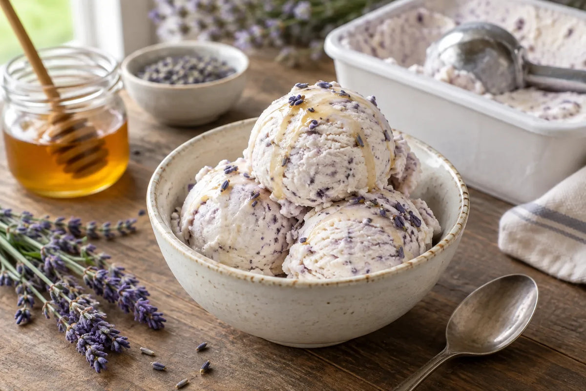 No-Churn Honey Lavender Ice Cream: the finished dish (AI-generated food photo)