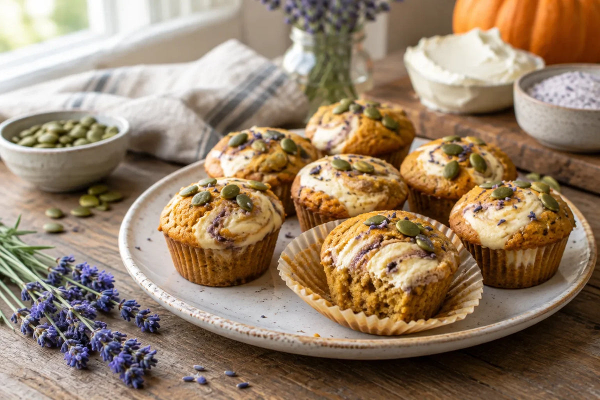 Pumpkin Lavender Cream Cheese Swirl Mini Muffins: the finished dish (AI-generated food photo)