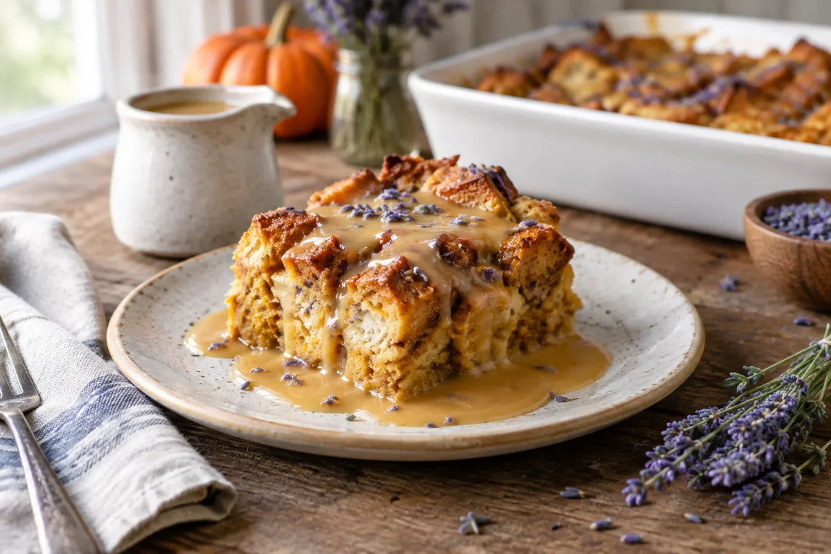 Pumpkin Lavender Bread Pudding with Maple Butter Sauce: the finished dish (AI-generated food photo)