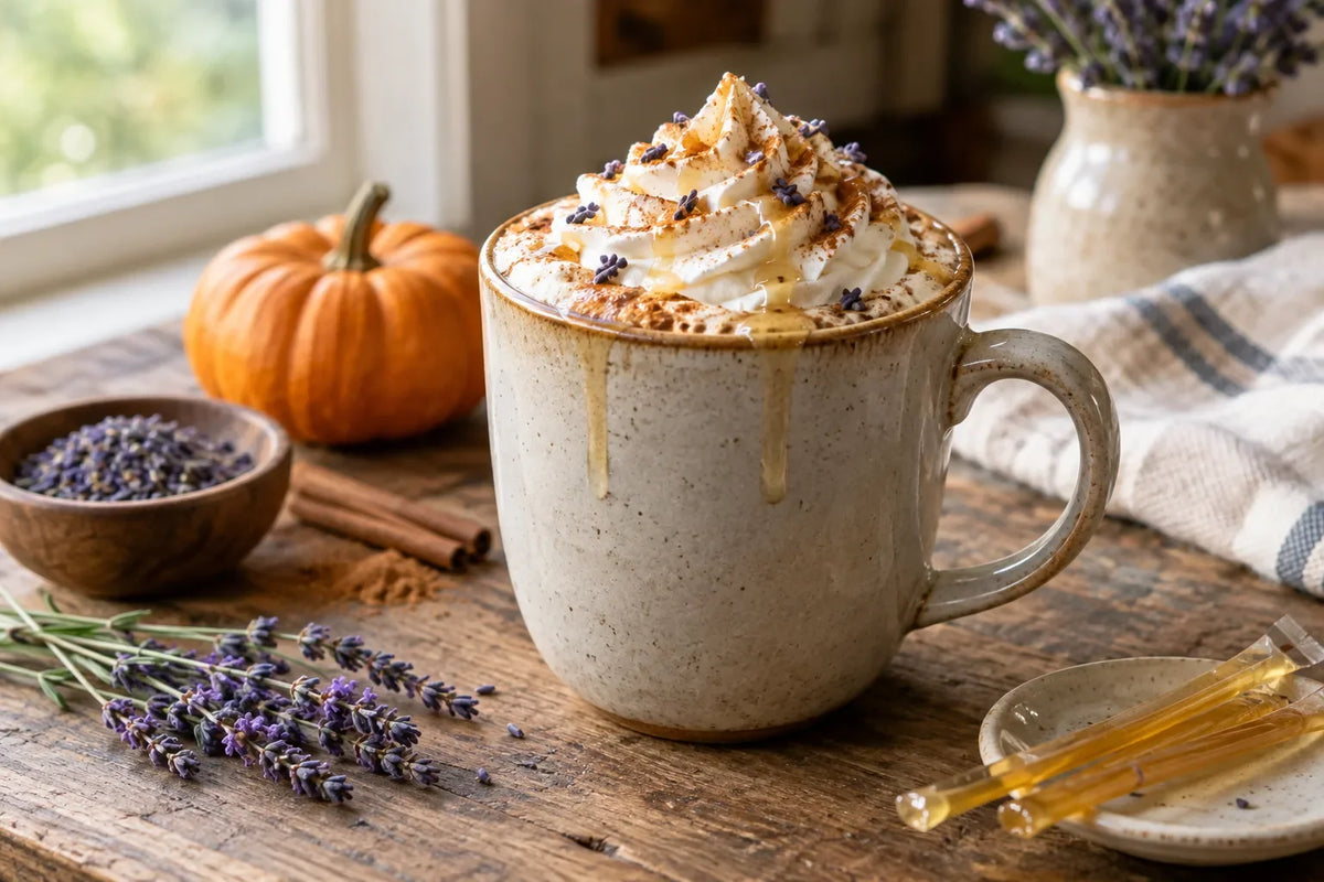 Pumpkin Spice Lavender Campfire Coffee with Maple Whipped Cream: the finished dish (AI-generated food photo)