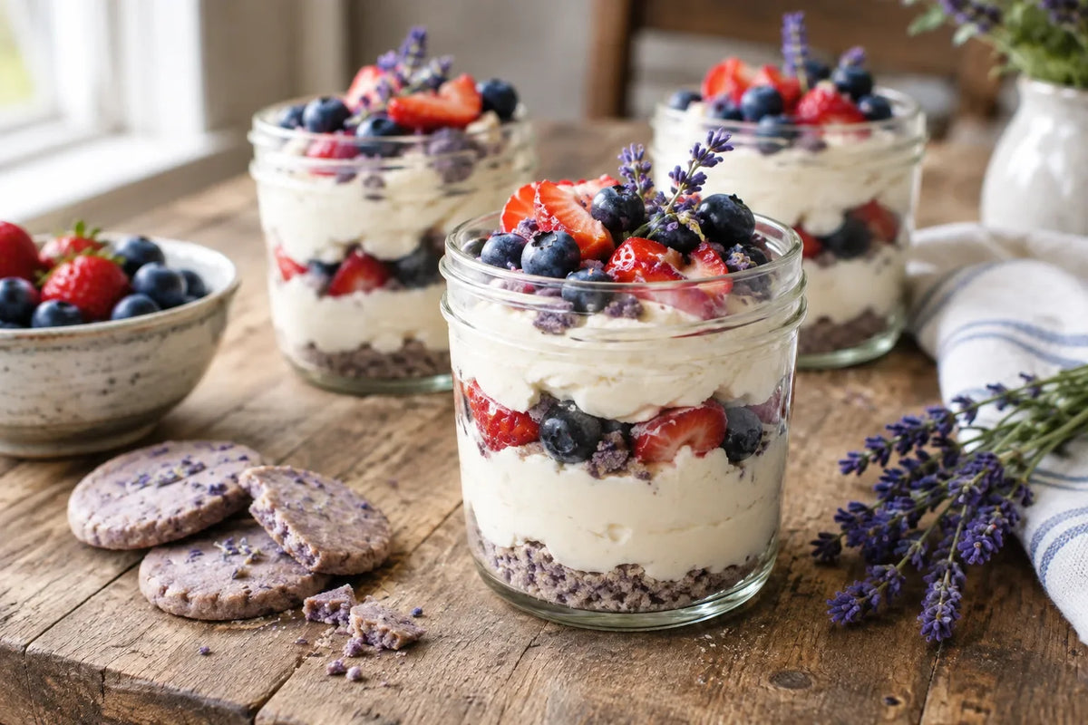 Red, White and Blue No-Bake Lavender Cheesecake Jars: the finished dish (AI-generated food photo)