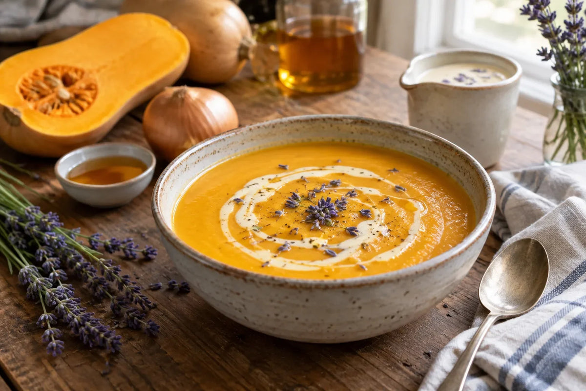 Roasted Butternut Squash Soup with Maple Lavender Cream: the finished dish (AI-generated food photo)