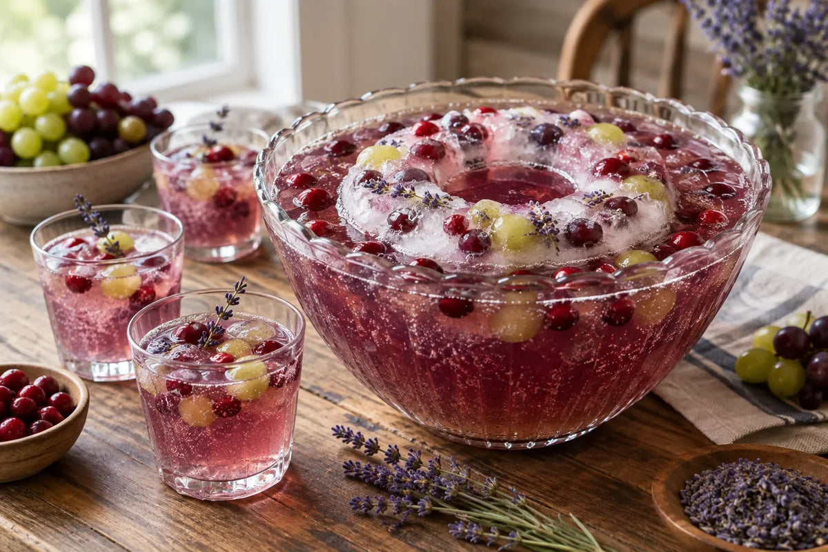 Sparkling Grape Lavender Punch with Cherry Ice Ring: the finished dish (AI-generated food photo)