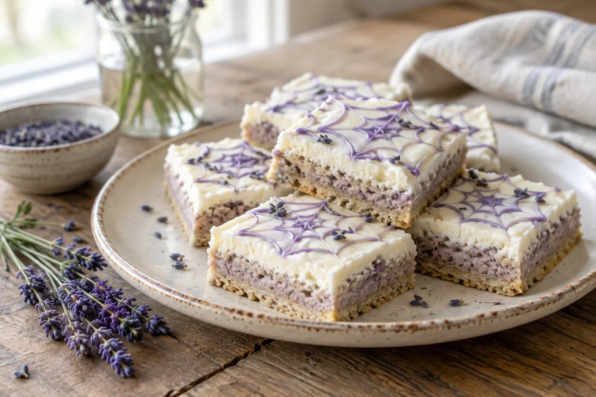 Spiderweb Lavender Sugar Cookie Bars: the finished dish (AI-generated food photo)