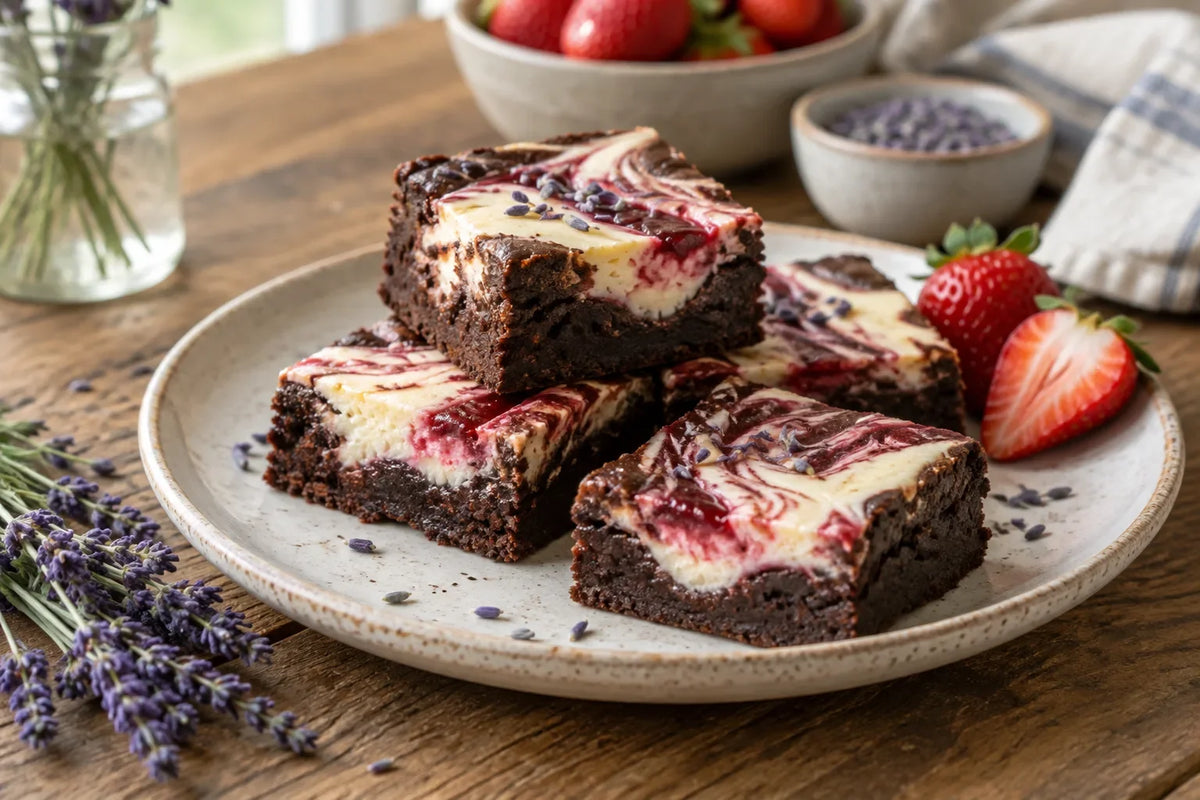 Strawberry Cheesecake Swirl Lavender Brownies: the finished dish (AI-generated food photo)