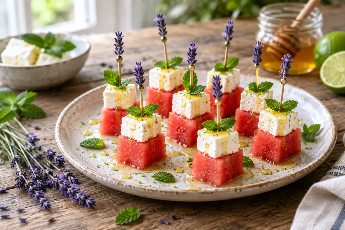 Watermelon Feta Bites with Honey Lime Drizzle: the finished dish (AI-generated food photo)