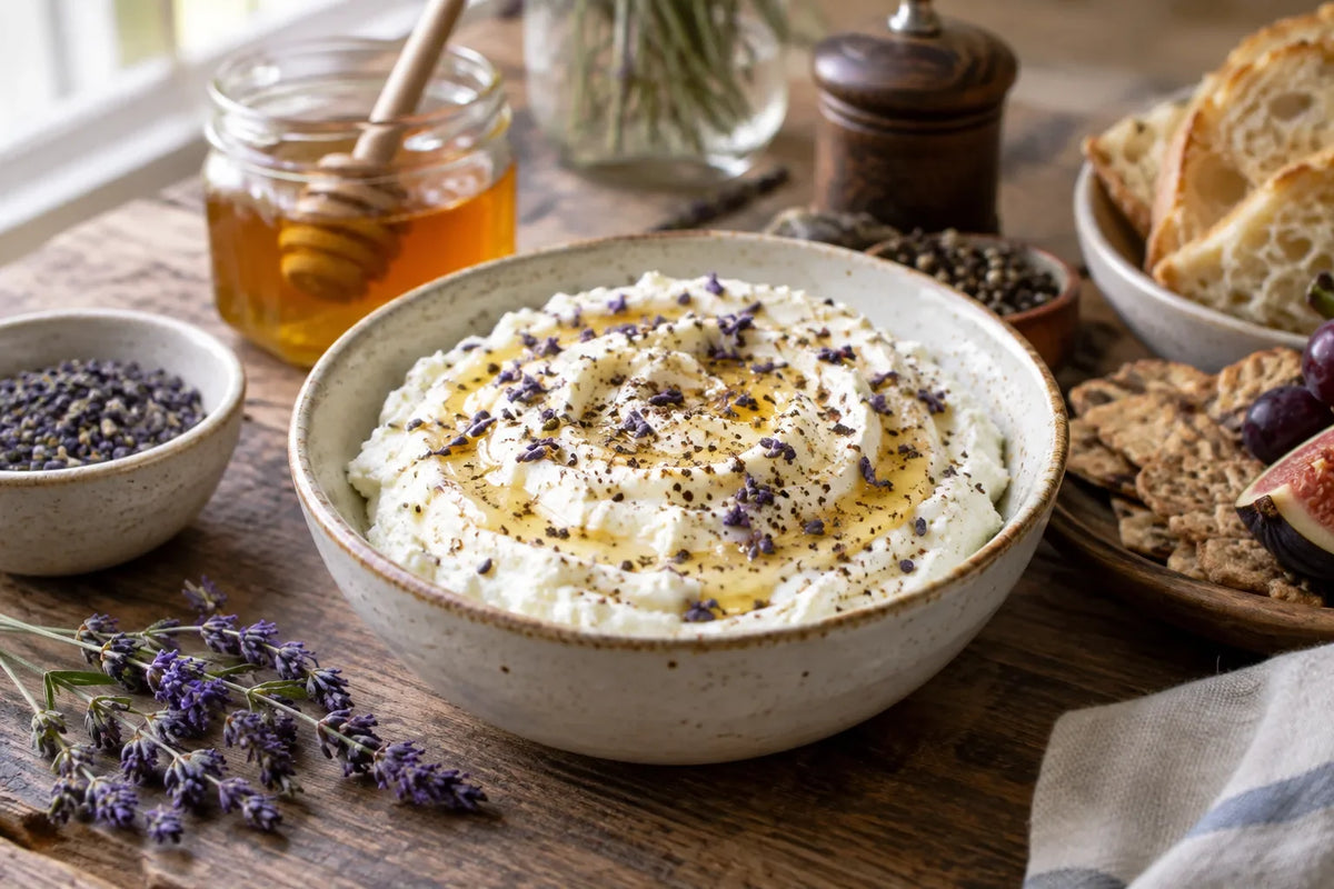 Whipped Honey Lavender Ricotta Dip: the finished dish (AI-generated food photo)