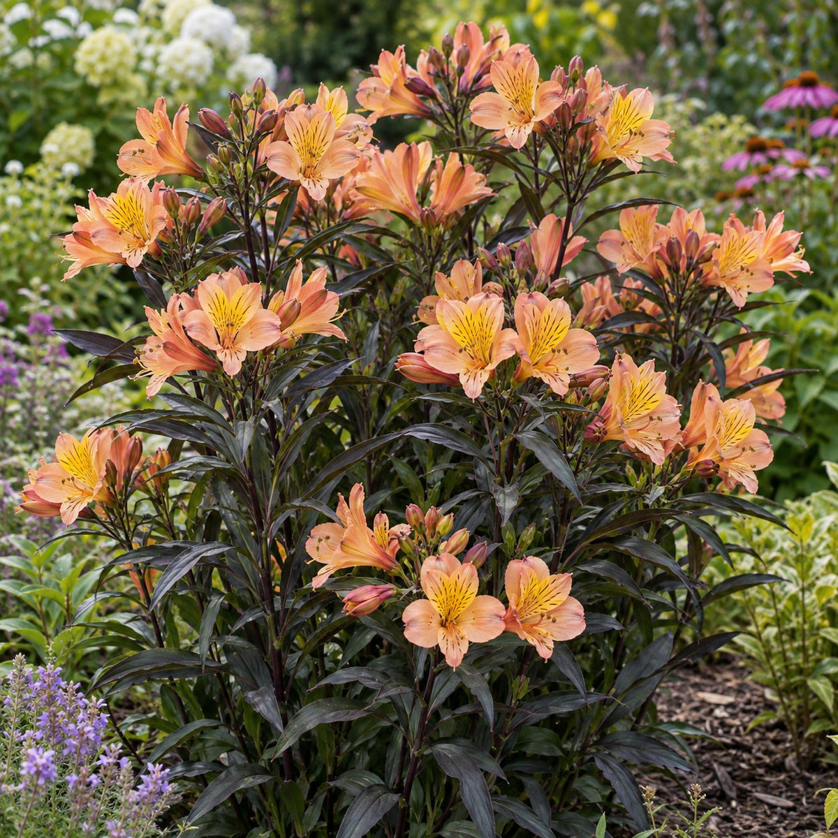 Summer Breeze Peruvian Lily: Peach and Yellow over Dark Leaves